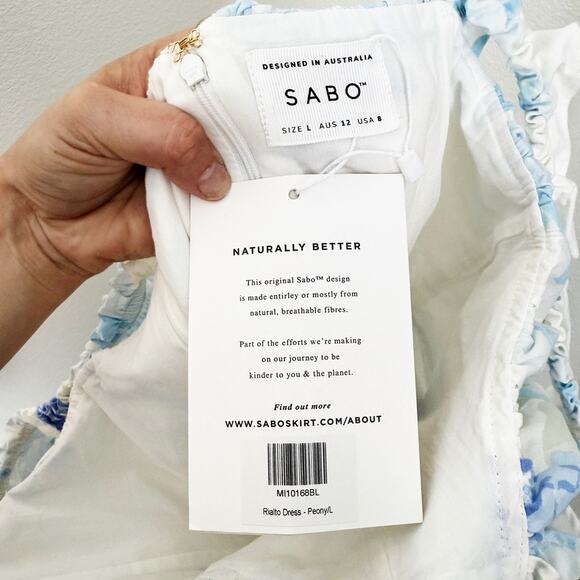 [SABO] White Peony Blue Floral Print Ruffle Mini Dress NWT Fit & Flare Sz Large - Picture 11 of 12